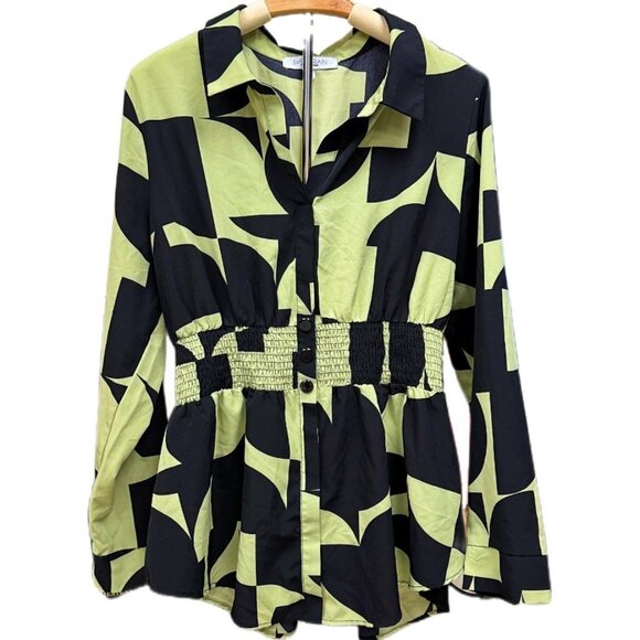 Sweet Rain Abstract Smocked Button Down Top Long Sleeve Blouse Green Black XL - Picture 1 of 9